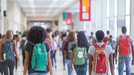 Busy Campus Corridor Filled with Students Walking Together in a Multicultural Setting