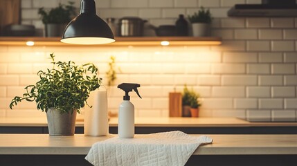 Clean kitchen table with disinfectant spray and towel, showcasing a simple sanitizing routine for hygiene and safety.