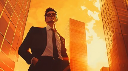 Confident Businessman Stands Against a High-Rise Building at Sunset, Exuding Professionalism and Success