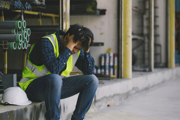 A factory worker sits on the floor, looking sad after losing their job due to AI automation. image...
