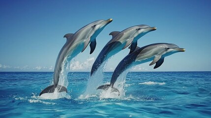 Fototapeta premium Playful Dolphins Leaping Above the Blue Ocean Surface in Sunlight