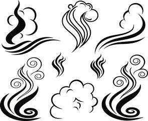 Steam smoke icon vector set. Hot vapor, aroma, heat, and fire elements. Doodle line logo with stink, coffee, fragrance, and flames. Vector illustration.