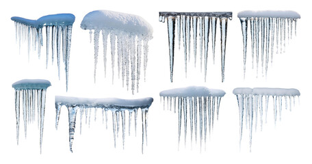 Various Icicles Hanging from Roofs in Winter Landscape, isolated on transparent background