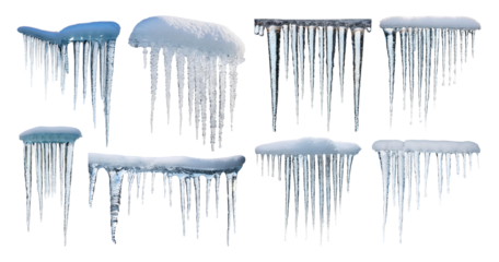 Various Icicles Hanging from Roofs in Winter Landscape, isolated on transparent background