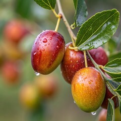 Obraz premium Jujube Fruit Macro Photography Dew-Covered Berries on Branch, Close-up Composition, Autumn Colors, Jujube, Macro Jujube, Macro Photography