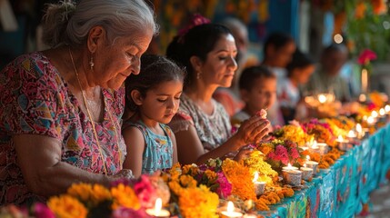 Family Celebrating Cultural Tradition with Candles and Flowers