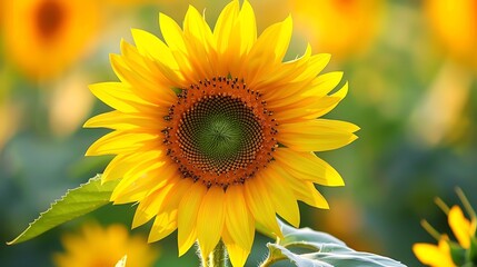 Fototapeta premium Close-up of a vibrant yellow sunflower in a field. The sun illuminates the petals.