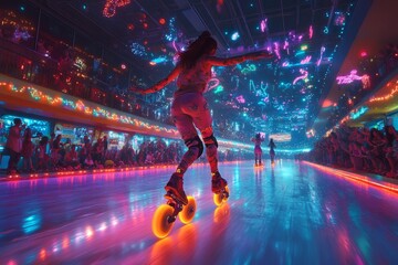 Roller skating show, vibrant lights, audience, nightlife entertainment