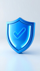 A simple 3D render of a security shield icon, featuring a blue metallic shield with a glowing checkmark at the center, placed on a plain white background. The icon symbolizes cybersecurity and protect