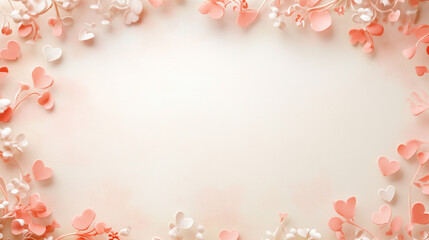 A beautifully designed blank Valentine's Day space with soft pastel pink and white tones, decorated with delicate heart patterns and floral elements.  
