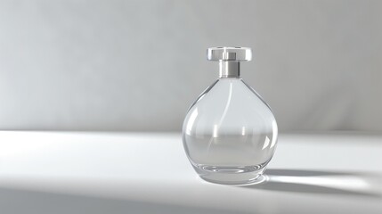 A clear glass perfume bottle with a sleek, minimalist shape, isolated on a white background, showcasing its smooth surface and delicate reflections in crisp HD quality.