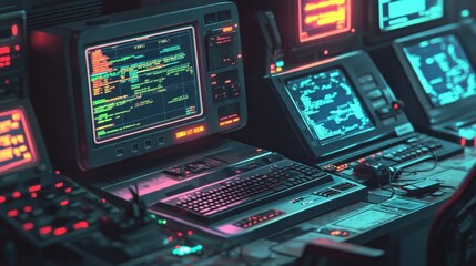 Fototapeta premium Retro Futuristic Tech Control Room: A Cyberpunk Dream