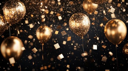 Obraz premium Glamorous party scene, golden helium balloons, noir balloons arrangement, falling metallic square confetti, deep black backdrop, reflective balloon surfaces, scattered golden particles, premium
