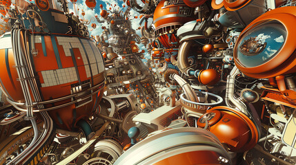 Imagine a whimsical scene of futuristic technologies blended with comedy gold Envision unexpected camera angles that bring out the humor in this panoramic view