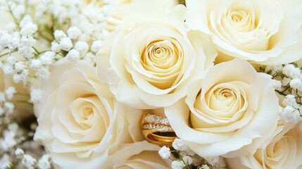 Obraz premium Elegant bridal bouquet macro shot, cream white roses in full bloom, golden wedding bands resting on petals, baby breath accents, soft focus background, romantic wedding photography style, delicate