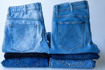 Blue jeans, stack of denim pants, composition, denim texture. top view on white background..