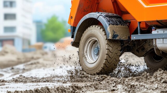 Closeup of orange construction vehicle wheels urban site action