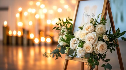 Obraz premium Sophisticated event signage arrangement, gold tripod easel display, flowing white garden roses, decorative brass lantern collection, warm candlelight glow, fresh green botanicals, dreamy bokeh