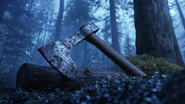 Old axe resting on a log surrounded by dense forest in twilight, evoking a sense of mystery and wilderness