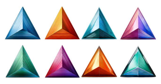 Colorful Geometric Pyramids with Gradient Textures and Styles, isolated on transparent background