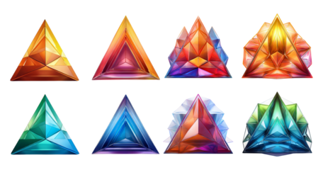 Colorful Geometric Triangular Shapes in Various Designs and Shades, isolated on transparent background