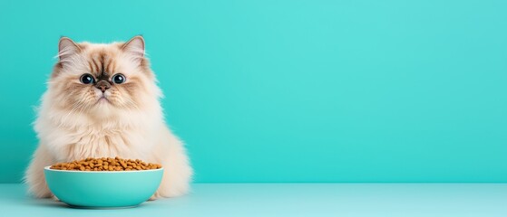 A fluffy cat sits beside a blue bowl filled with cat food against a bright turquoise background.