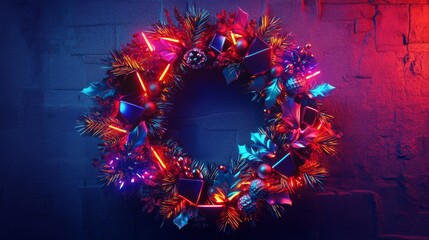 Futuristic Christmas wreath display, neon lit foliage, illuminated holiday motifs, bright geometric ornaments, glowing ribbon element, urban wall texture, digital holiday aesthetic, electric seasonal