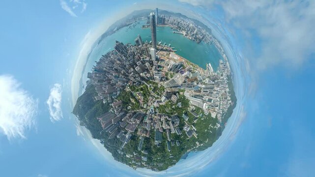 A 4k still video frame of a Hong Kong aerial view, zoomed out to show the city as a tiny planet.