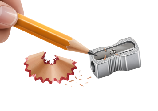A close-up illustration of a hand holding a yellow pencil while it's being sharpened in a metallic sharpener isolated on white or transparent png background