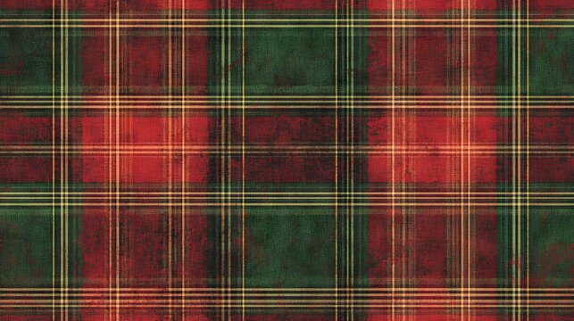 Traditional tartan weave pattern, rich crimson and emerald checkered design, aged fabric texture, classic Christmas plaid, antiqued textile effect, heritage pattern style, seasonal color scheme