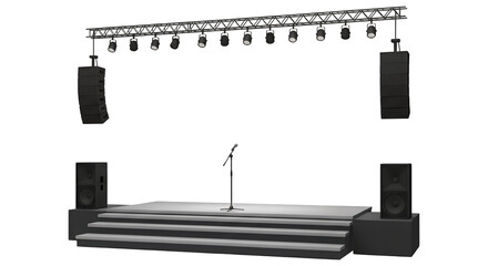 Empty Stage with Audiovisual Equipment, Ready for an Event  isolated on white or transparent png background	
