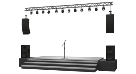 Empty Stage with Audiovisual Equipment, Ready for an Event  isolated on white or transparent png background	
