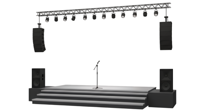 Empty Stage with Audiovisual Equipment, Ready for an Event  isolated on white or transparent png background	
