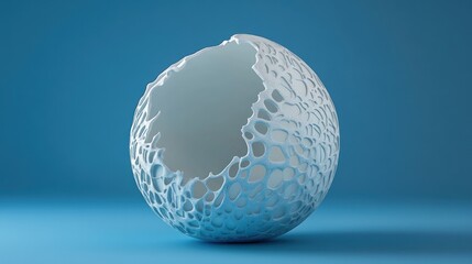 Abstract white sphere, textured surface, blue background, design element