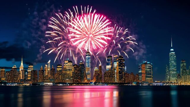 Colorful fireworks illuminate a city skyline at night