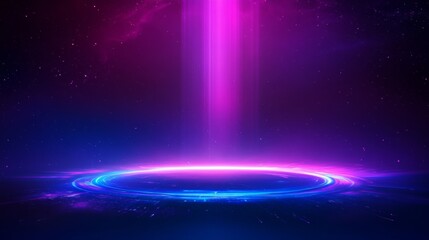 Futuristic light streams ascending, neon blue to magenta gradient, cosmic star field, digital horizon line, glowing particle effects, cyberpunk atmosphere, abstract tech background, ultraviolet