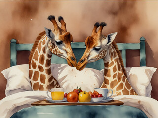 Charming and whimsical watercolor illustration of a sweet giraffe couple enjoying breakfast in bed