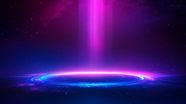 Futuristic light streams ascending, neon blue to magenta gradient, cosmic star field, digital horizon line, glowing particle effects, cyberpunk atmosphere, abstract tech background, ultraviolet
