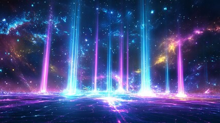 Fototapeta premium Virtual reality skyline, rising light pillars, neon purple to cyan spectrum, cosmic particle field, glowing matrix floor, dynamic energy columns, futuristic abstract environment, technological light