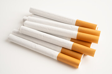 Cigarette on US dollar banknotes, cost, trading, marketing and production, No smoking, import export.