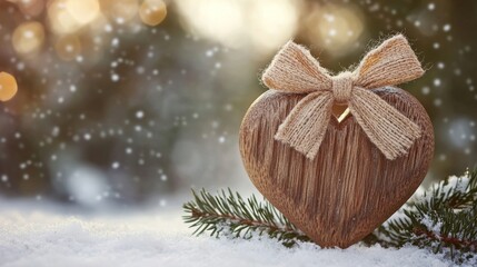 Handcrafted holiday heart, raw wood texture, natural fiber bow, winter pine needles, powdery snow detail, shallow depth focus, sustainable Christmas ornament, organic winter scene