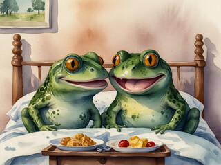 Charming and whimsical watercolor illustration of a sweet froggie couple enjoying breakfast in bed