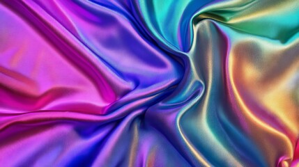 Obraz premium Iridescent satin material, multi-chromatic color flow, emerald to magenta transitions, dramatic fabric draping, metallic sheen effect, neon color spectrum, fluid textile movement, abstract luxury
