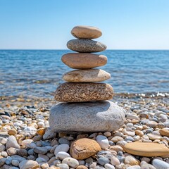 Balanced rock tower on pebble beach with calm ocean and blue sky creating peaceful scenery