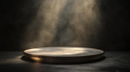 Obraz premium Premium circular stage, polished metal platform, dramatic mood lighting, mystical dark environment, delicate light reflections, professional display setting, refined shadow elements, minimal luxury