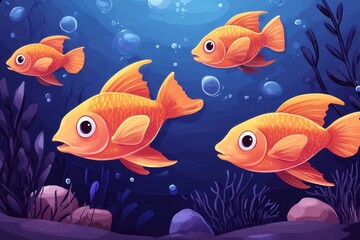 Fototapeta premium Four orange goldfish swimming in deep blue water with bubbles and dark purple seaweed