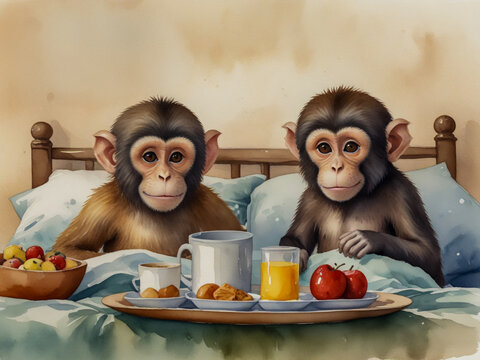 Charming and whimsical watercolor illustration of a sweet monkey couple enjoying breakfast in bed.