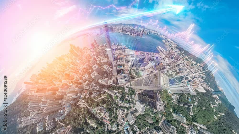 Poster A 4k still video image of Hong Kong, zoomed out to show an aerial view of the city skyline with superimposed financial data graphics.