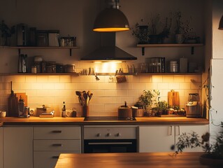 Warmly Lit Modern Kitchen Interior Design