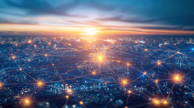 Global business network with glowing nodes and lines, symbolizing modern corporate connectivity and innovation.